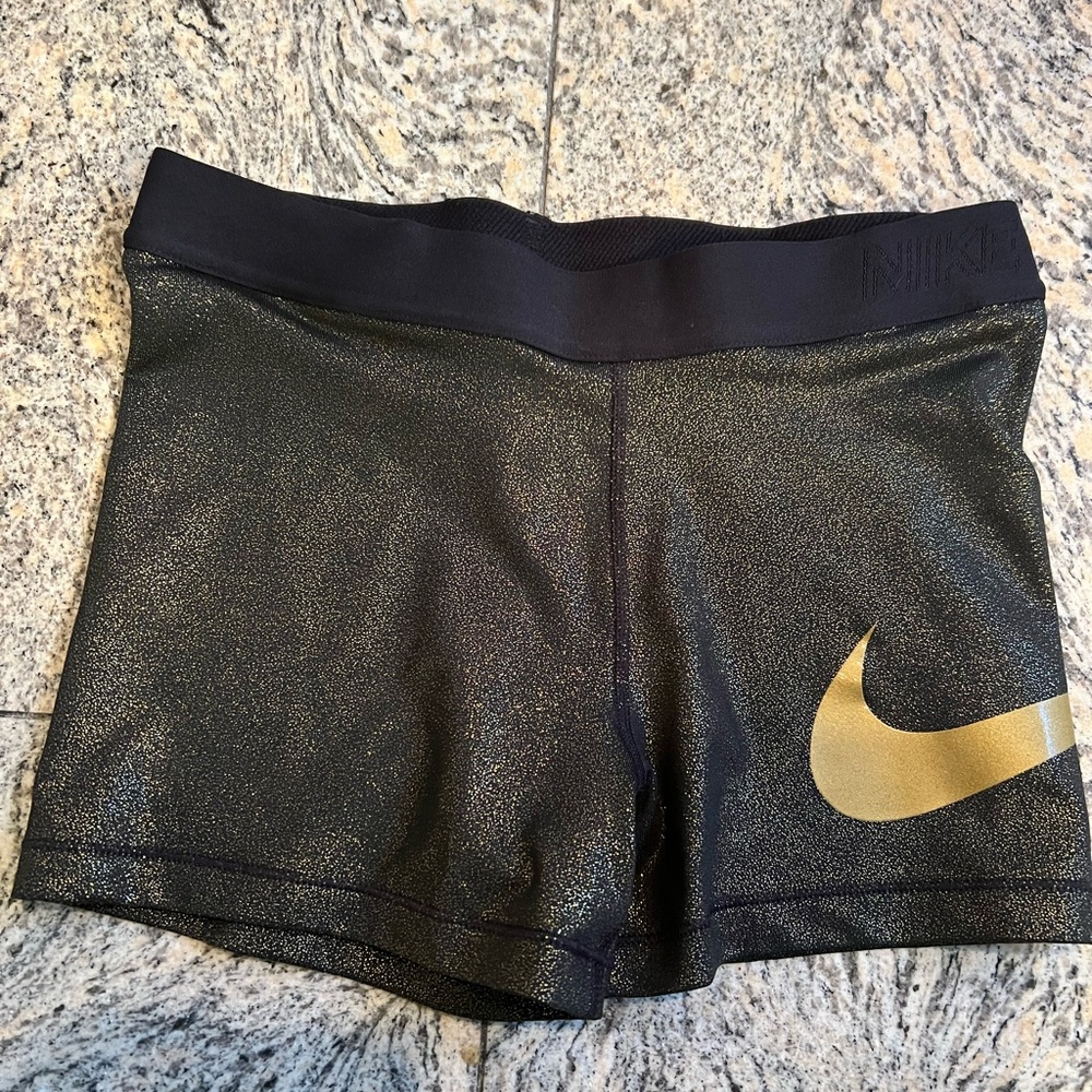 Nike Dri-Fit Women's Black & Gold glitter Shorts with Gold Swoosh